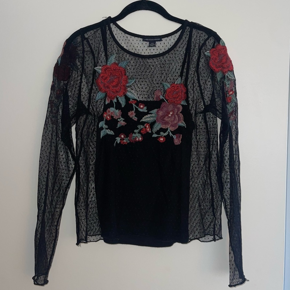 American Eagle Sheer Rose Appliqué Long Sleeve